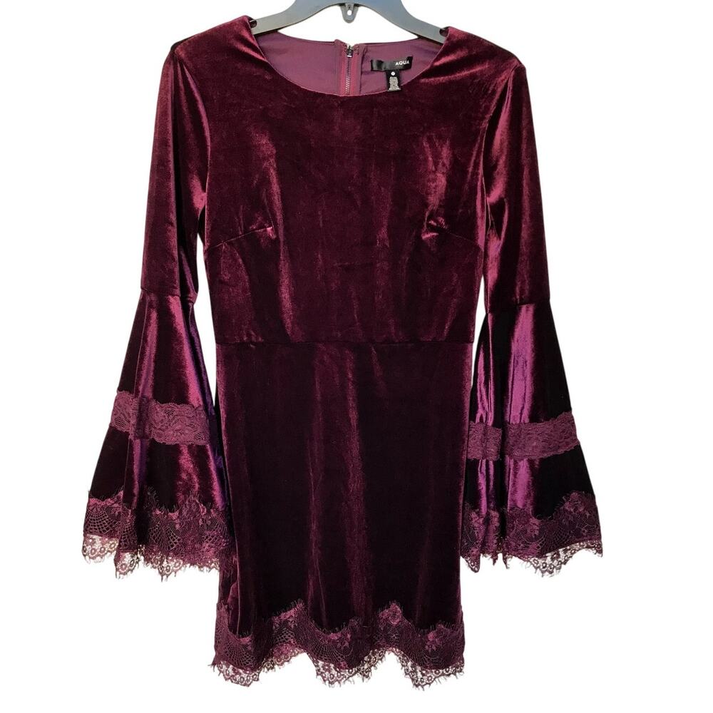Aqua Burgundy Velvet Sheath Dress with Bell Sleeves and Lace Trim size S - Picture 3 of 9